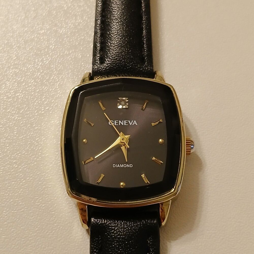 Geneva Diamond Elegant Black/Gold Tone Faux Leather Analog Watch Japan Movt